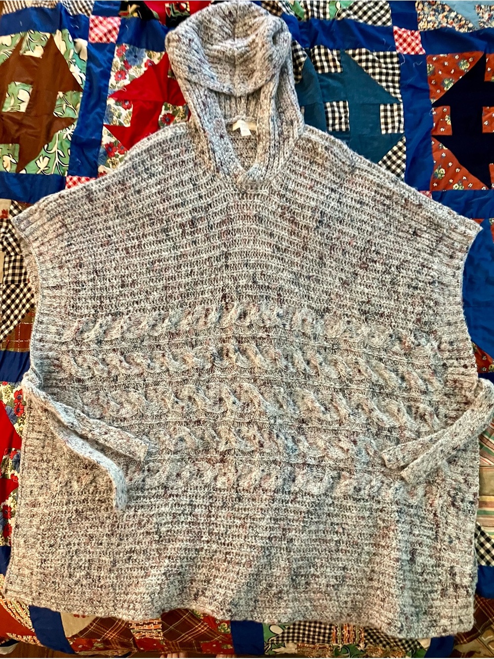 Cupio Light Gray Marled Hooded Cable Poncho Sweater